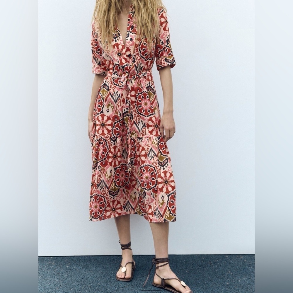 Zara Ikat Print Button-Down Belted Midi Dress- Size M - Picture 2 of 11